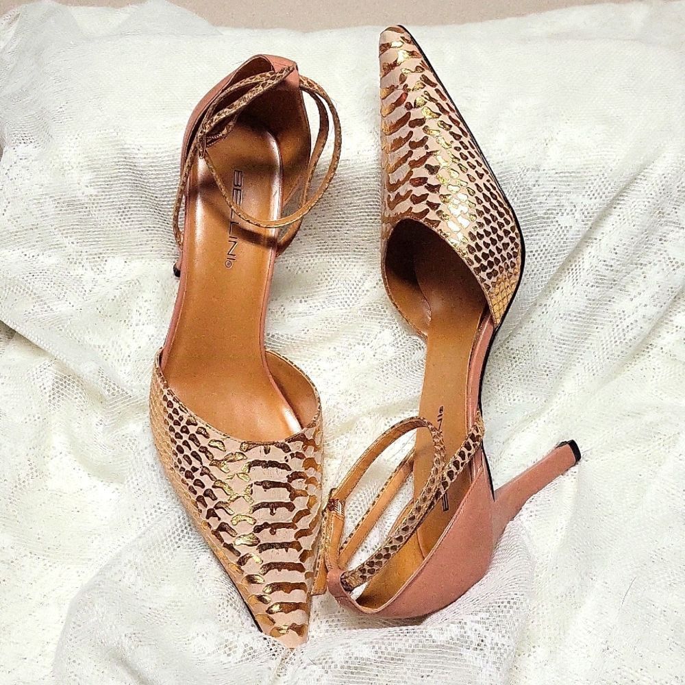 Bellini Dusty Pink and Gold Snakeskin Pointed Toe Heel Size 11